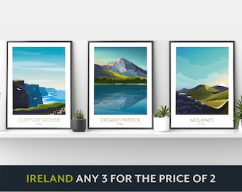 Ireland Prints Any 3 for 2 - Dublin, Westport, Croagh Patrick, Cliffs of Moher, Mournes, Giants Causeway, Glendalough, Carrick a Rede