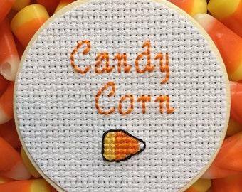 Candy Corn Mason Jar, Mason Jar Decor, Fall Decor, Halloween Decor, Autumn Decor, Cross Stitch Mason Jar Lid, Halloween Mason Jar