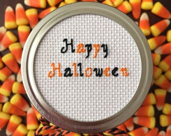 Happy Halloween Mason Jar, Halloween Mason Jar, Halloween Decor, Mason Jar Decor, Cross Stitch Art, Mason Jar Lid