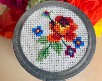 Vintage Inspired Rose Mason Jar, Mason Jar Decor, Cross Stitch Mason Jar Lid, Hand Stitched Rose Magnet