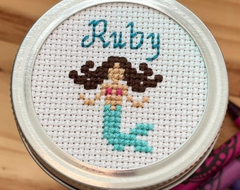 Personalized Mermaid Crayon Jar, Mason Jar Decor, Mermaid Decor, Cross Stitch Mason Jar Lid, Personalized Mermaid Magnet