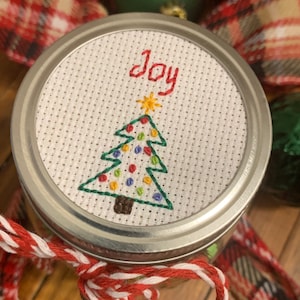 Christmas Joy Mason Jar, Mason Jar Decor, Cross Stitch Mason Jar Lid, Christmas Mason Jar Gift, Christmas Decor