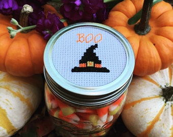 Boo Mason Jar, Mason Jar Decor, Halloween Decor, Halloween gift, Halloween Mason Jar, Halloween Candy Jar, Cross Stitch Mason Jar Lid