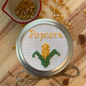 Popcorn Mason Jar, Mason Jar Decor, Popcorn Container, Cross Stitch Mason Jar Lid, Movie Night Gift, Mason Jar Topper
