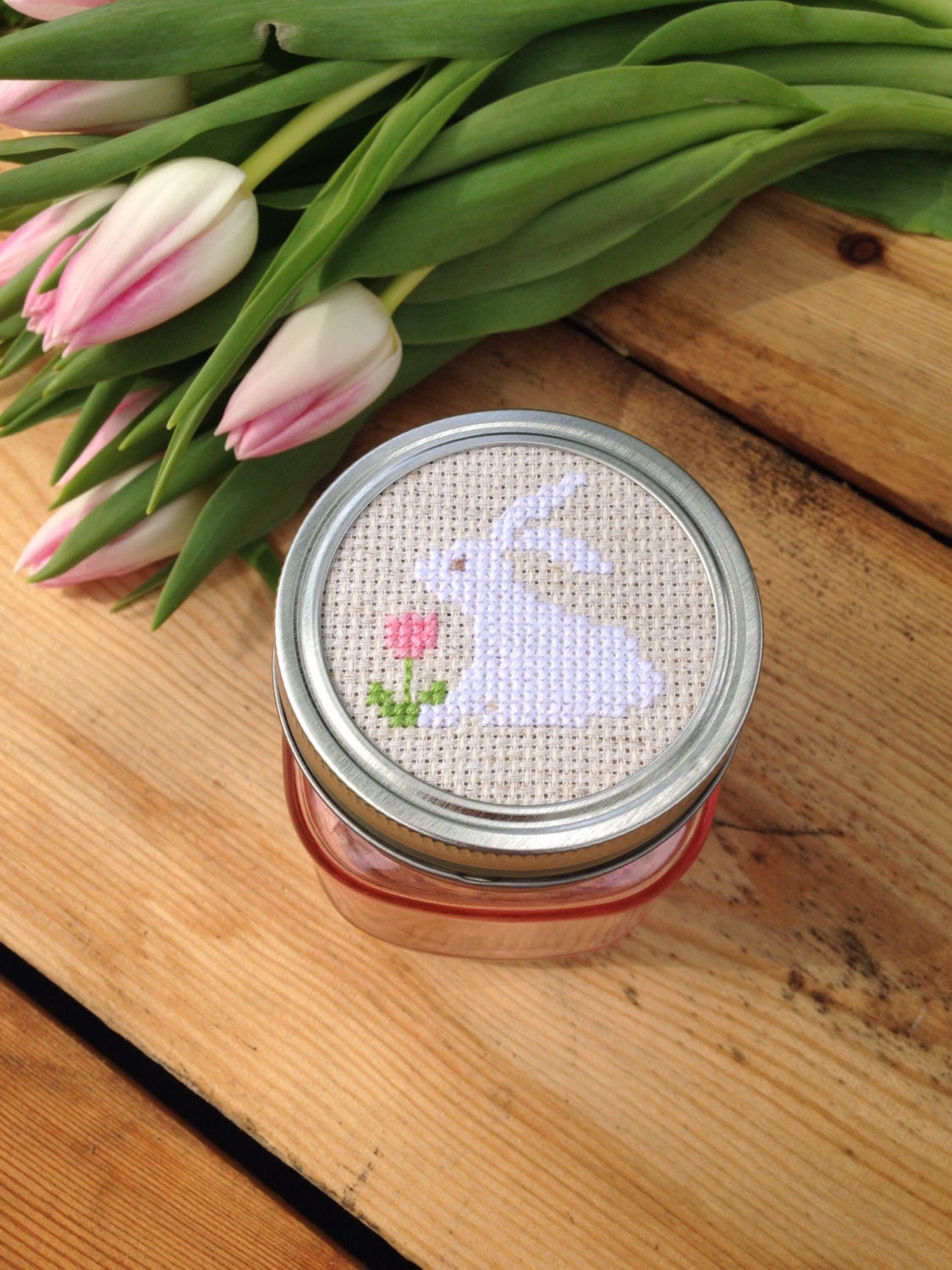 Rabbit Mason Jar, Mason Jar Decor, Cross Stitch Mason Jar Lid, Rabbit ...
