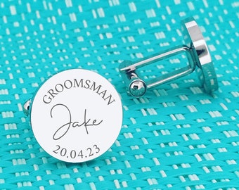 Personalised Silver Stainless Steel Engraved Mens Cufflinks, Groomsman Gift, Best Man Cufflinks, Groomsman Cufflinks Wedding Groom Cufflinks