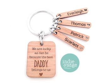 Puede incluir: Llavero de madera con una etiqueta cuadrada que dice "We are lucky as can be because the best DADDY belongs to us". El llavero tiene cuatro etiquetas de madera más pequeñas con los nombres Everleigh, Thomas, Patrick y Scarlett. El llavero es de color marrón claro.