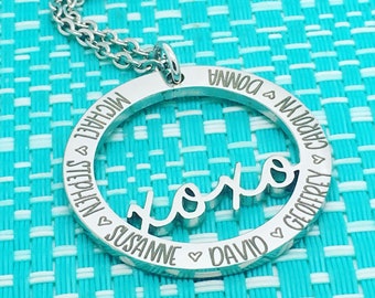 Collar XOXO de plata, personalizado, collar con nombre de familia, regalo para atesorar, joyería de oro, regalo de Navidad para esposa, collar de plata personalizado