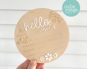 Hello World Sign - Baby Announcement Plaque - Floral Birth Announcement - Birth Stats Baby Announcement Sign Baby Girl Name Sign Nursery