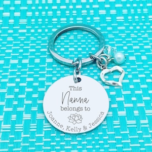 May include: Silver keychain with a round tag that says "This Nanna belongs to Joanne, Kelly & Jessica". The tag has a small flower design. The keychain also has a small silver heart charm and a pearl bead.