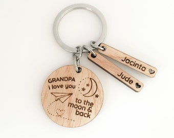 I Love You Too The Moon and Back Personalised Keyring, Gift for Dad, Daddy, Grandpa, Grandad, Papa, Fathers Day Keyring, Fathers Day Gifts