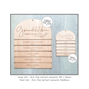 May include: Wooden sign with the word "Grandchildren" in script, with space for names and dates. The sign has an arched top and includes the text "make life grand." The large sign measures 295 x 160mm, and the small sign measures 150x80mm.