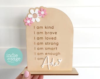 Personalised Affirmation Plaque with Stand - Floral Daily Affirmation Sign for Girls