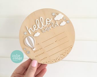 Hello World Birth Announcement Sign - Neutral Baby Announcement Cloud Design