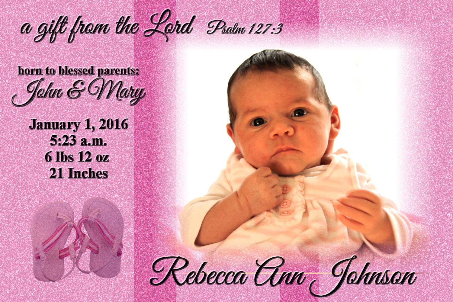 Christian Birth Announcement Girl Pink 4x6 or 5x7 options Etsy