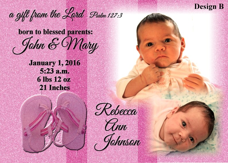 Christian Birth Announcement Girl Pink 4x6 or 5x7 options Etsy