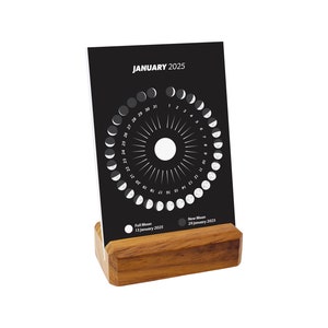 2025 Mini Mondkalender mit Holzständer, kleiner Tischkalender mit Mondphasen und himmlischen Ereignissen, 12 Seiten, Planer für das Büro