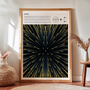 May include: A framed scientific poster titled QUBIT featuring a black background with radiating yellow and blue light streaks emanating from a central white point. The top section includes technical text and a diagram of a sphere and nodes.