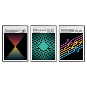 Set of 3 Theoretical Physics Prints, Scientific Theory Poster Set including General Relativity, String Theory, and Wormhole