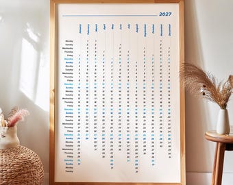 May include: A vertical 2027 wall calendar in a light wood frame. The white background features months listed horizontally at the top with corresponding dates arranged in vertical columns below. Days of the week are listed on the far left side.