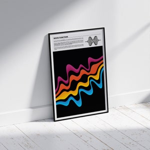 May include: A black and white framed poster with the title "Wave Function" and a colorful abstract design of wavy lines in shades of blue, yellow, orange, and pink on a black background.