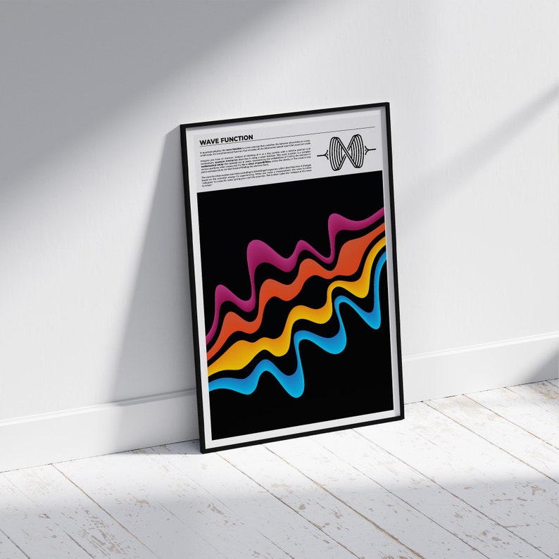 May include: A black and white framed poster with the title "Wave Function" and a colorful abstract design of wavy lines in shades of blue, yellow, orange, and pink on a black background.