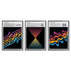 May include: Three framed prints with black backgrounds and colorful abstract designs. The prints are titled "String Theory", "Wormhole", and "Wave Function".