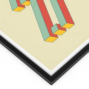 May include: Abstract geometric art print featuring overlapping rectangles in shades of red, green, and yellow. The print has a vintage aesthetic and is framed in black.