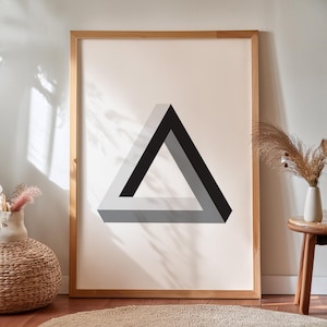 Minimalist Penrose Triangle Print, Impossible Geometry Wall Art in Grayscale, Modern Math Poster for Office or Classroom
