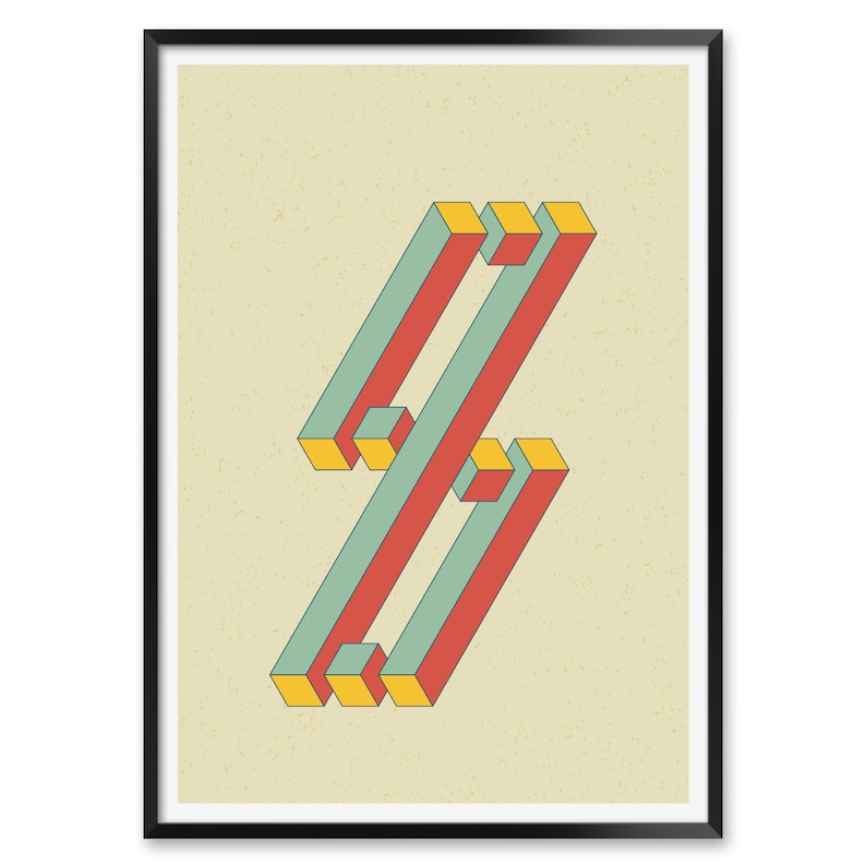 May include: Abstract geometric art print featuring a stylized design of overlapping, multi-colored rectangles in shades of red, yellow, and blue. The design is set against a light beige background.
