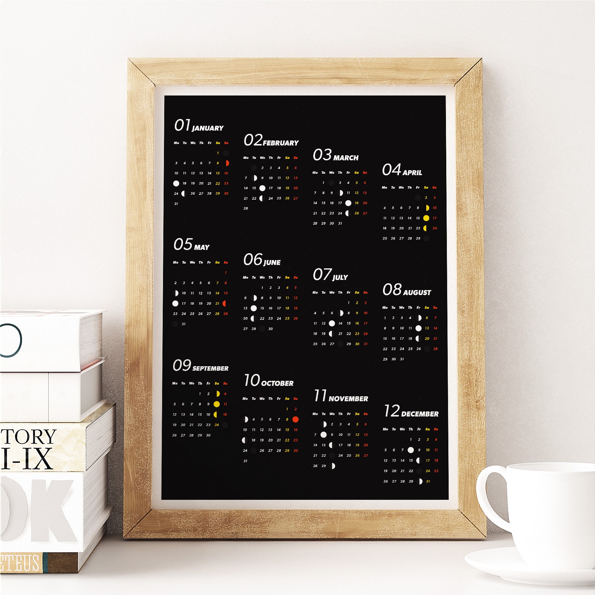 2022 Full Year Wall Calendar With Main Moon Phases Monday Etsy Uk