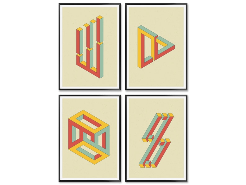May include: Set of four framed prints featuring geometric shapes in red, yellow, and blue. The shapes are rendered in an optical illusion style, creating a sense of depth and movement.