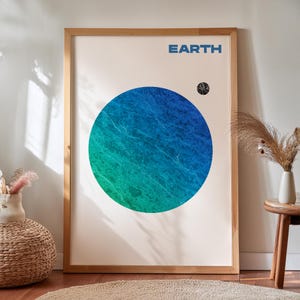 Earth Planet Print with Blue Marble Texture, Solar System Wall Art for Nursery or Classroom, Moon Poster for Outer Space Decor