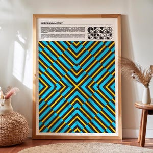 Peut inclure: Une affiche encadrée avec le titre "Supersymétrie" et un motif géométrique de lignes noires, jaunes et bleues. Le texte explique que la supersymétrie est un cadre théorique en physique des particules.