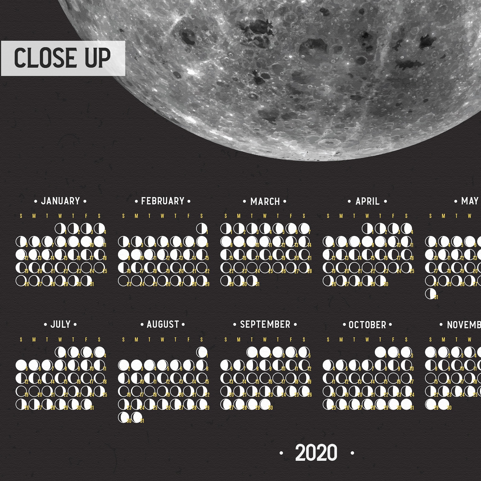 Moon Phases Calendar for 2020 Phases of Moon Print Lunar Etsy