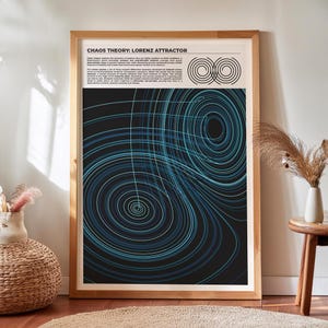 May include: A framed art print displaying the Lorenz Attractor, a concept from chaos theory. The image shows swirling blue lines on a black backdrop, with the title "Chaos Theory: Lorenz Attractor" at the top. The frame is made of light-colored wood.