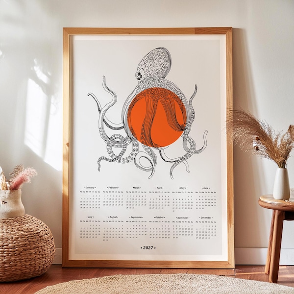 Calendrier mural 2027, calendrier annuel sur une seule page avec illustration de pieuvre