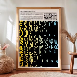 May include: A framed poster with the title "Cellular Automaton" and a black and white grid pattern with yellow, blue, and green accents. The poster explains the concept of cellular automata, a mathematical system that simulates the behavior of complex systems.