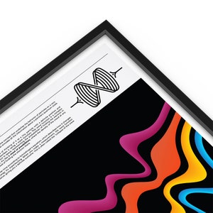 May include: Abstract art print with a black background and colorful wavy lines in shades of pink, orange, yellow, and blue. The print features a small black and white graphic of a double helix.