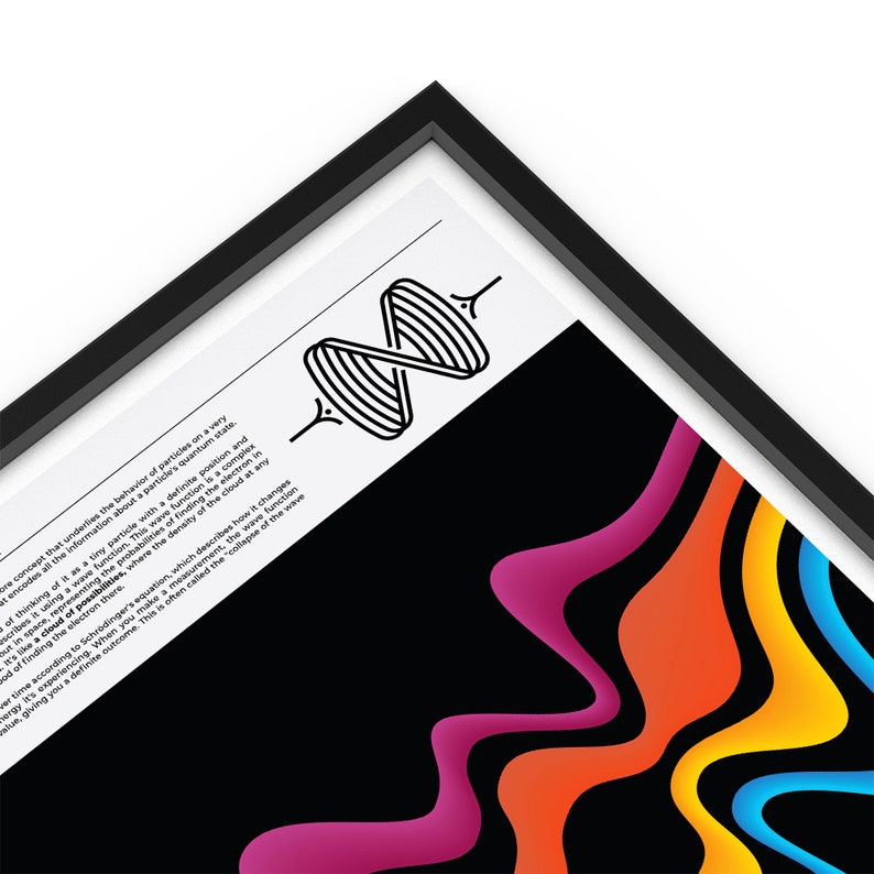 May include: Abstract art print with a black background and colorful wavy lines in shades of pink, orange, yellow, and blue. The print features a small black and white graphic of a double helix.