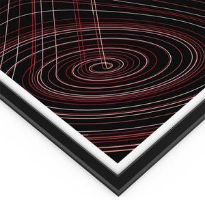 Puede incluir: Impresi&oacute;n de arte abstracto con fondo negro y un patr&oacute;n de l&iacute;neas rojas y blancas que se arremolinan.