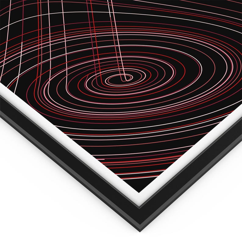 Puede incluir: Impresi&oacute;n de arte abstracto con fondo negro y un patr&oacute;n de l&iacute;neas rojas y blancas que se arremolinan.