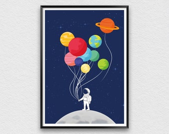 Solar System Poster with Astronaut Boy, Space Themed Nursery Print, Planets Wall Art, Adventure Theme Kids Room for Toddlers