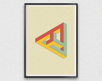 Arte de pared de ilusión óptica, impresión de triángulo de Penrose de estilo retro, póster de triángulo de Reutersvärd, impresión de geometría imposible, arte de formas imposibles