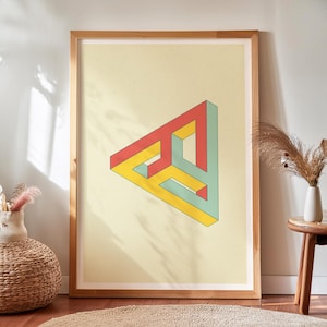 Impossible Triangle Wall Art, Optical Illusion Geometry Print, Retro Style Penrose Triangle Poster for STEM or Minimalist Decor