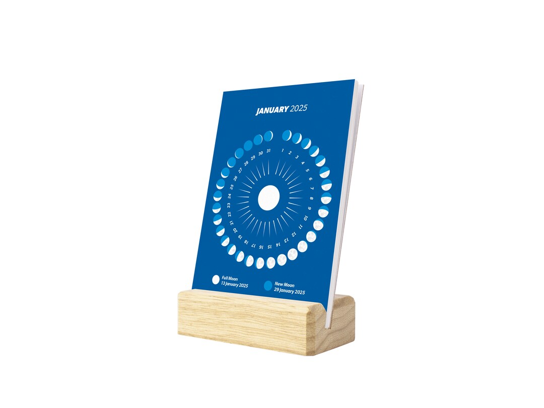 2025 Moon Calendar With Wooden Stand, 2025 Lunar Desk Calendar With Stand, Lunar Phases Calendar