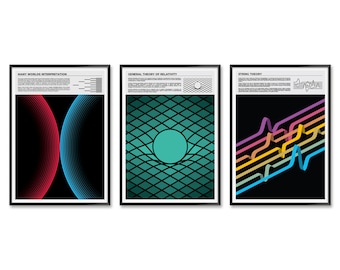Theoretical Physics Print Set of 3, Science Theory Poster Set including General Relativity, String Theory, and Many Worlds Interpretation