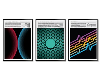 Theoretische fysica-printset inclusief Many Worlds-interpretatie, snaartheorie en algemene relativiteitstheorie