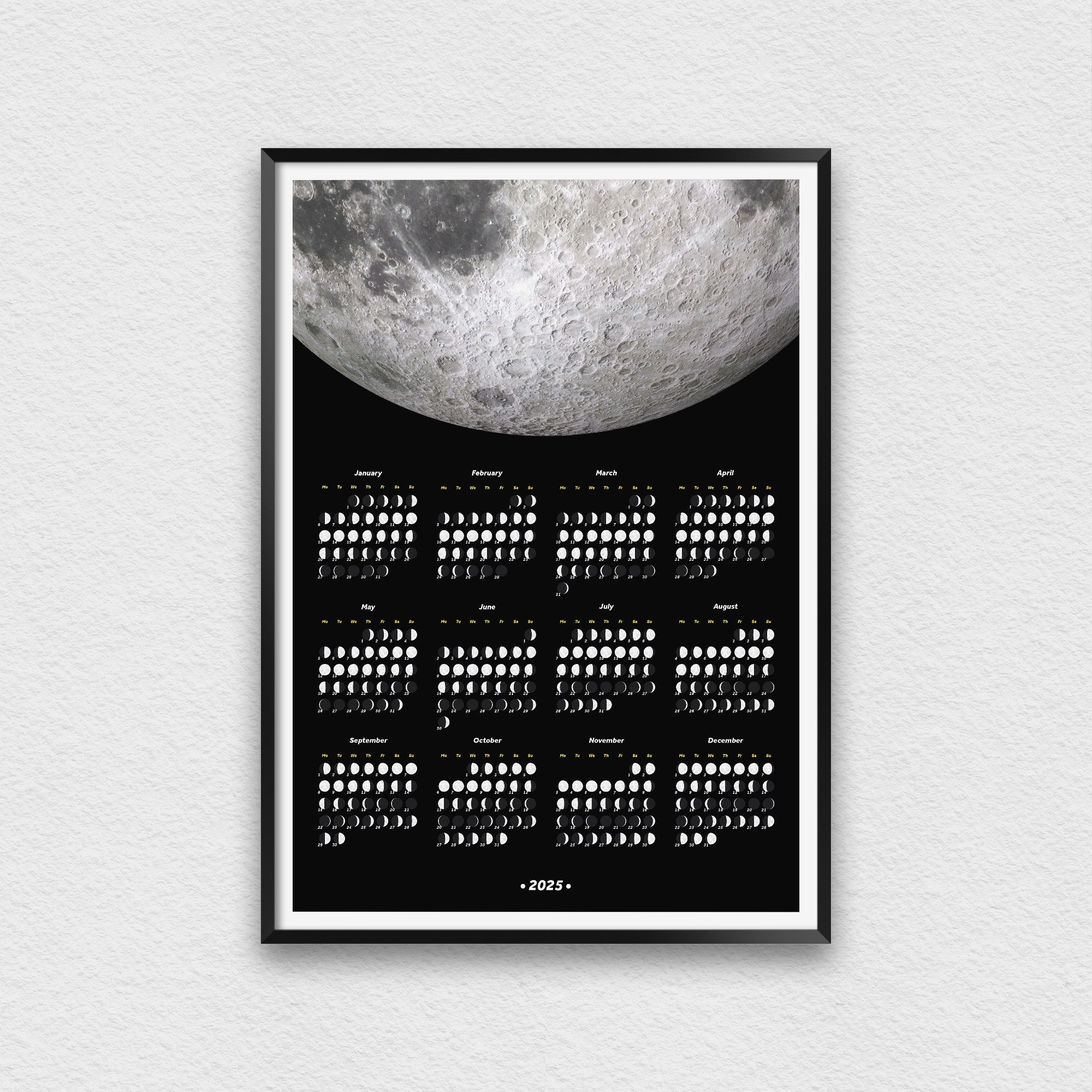 2025 moon phases calendar, entryway or kitchen decor, monthly layout with  monday start days - etsy