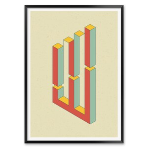 May include: Abstract geometric art print featuring a series of stacked, overlapping rectangles in shades of red, yellow, and green. The rectangles are arranged in a staggered pattern, creating a sense of depth and movement.